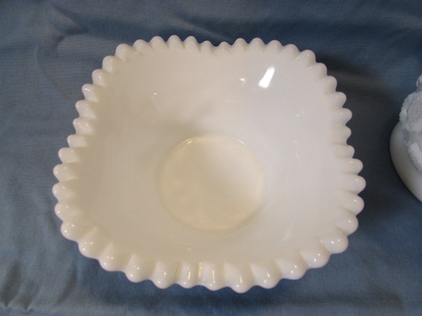 VINTAGE WESTMORELAND OLD QUILT MILK GLASS PITCHER, COVERED DISH & BOWLS