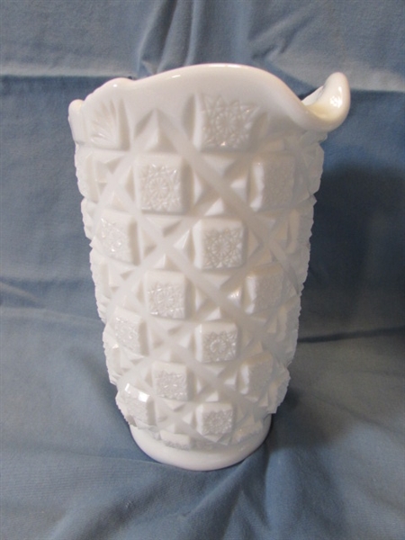 VINTAGE WESTMORELAND OLD QUILT MILK GLASS PITCHER, COVERED DISH & BOWLS