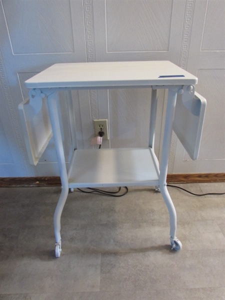 VINTAGE METAL TYPEWRITER TABLE ON WHEELS