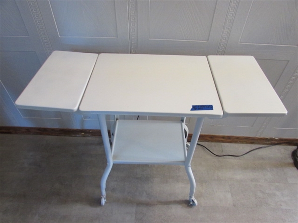 VINTAGE METAL TYPEWRITER TABLE ON WHEELS