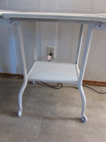 VINTAGE METAL TYPEWRITER TABLE ON WHEELS