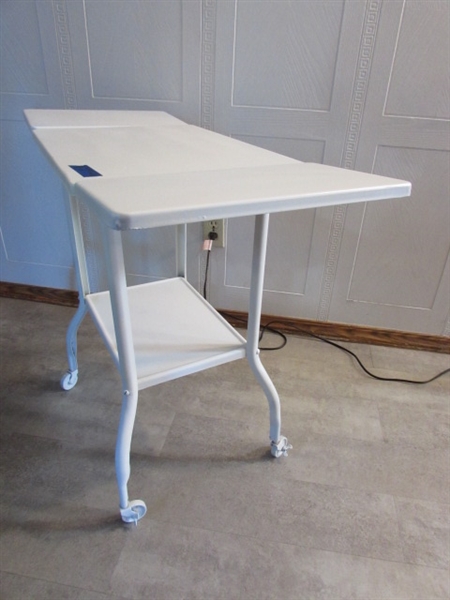 VINTAGE METAL TYPEWRITER TABLE ON WHEELS