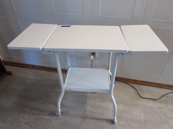 VINTAGE METAL TYPEWRITER TABLE ON WHEELS