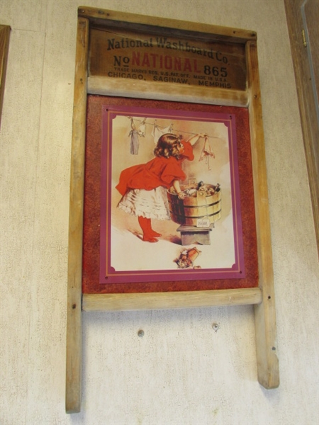 ANTIQUE WOODEN WASHBOARD W/TIN SIGN OF GIRL DOING LAUNDRY