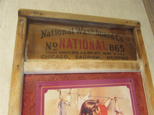 ANTIQUE WOODEN WASHBOARD W/TIN SIGN OF GIRL DOING LAUNDRY