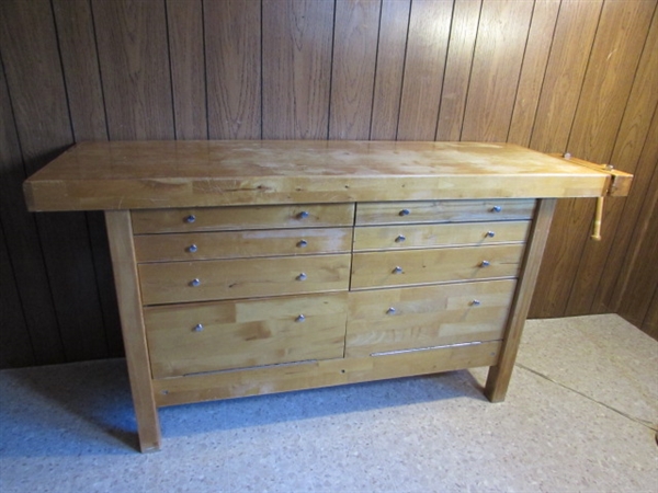 WOODEN WORKBENCH W/VISE & STORAGE