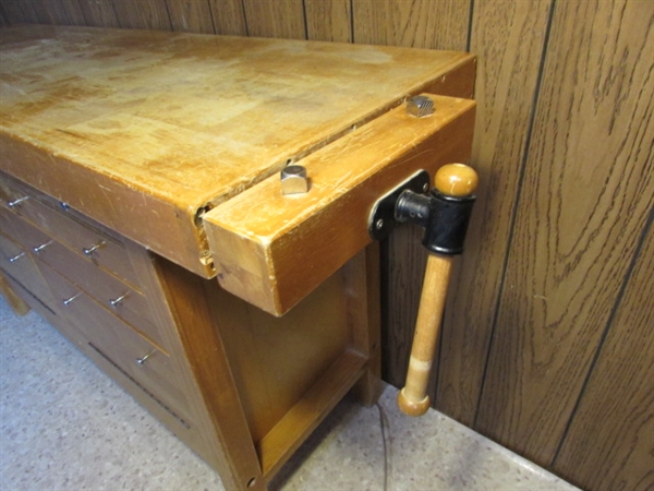 WOODEN WORKBENCH W/VISE & STORAGE