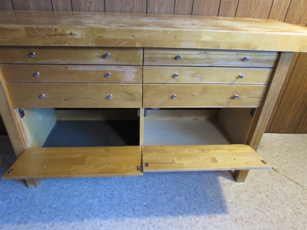 WOODEN WORKBENCH W/VISE & STORAGE