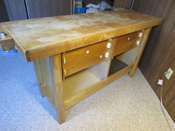 WOODEN WORKBENCH W/VISE & STORAGE