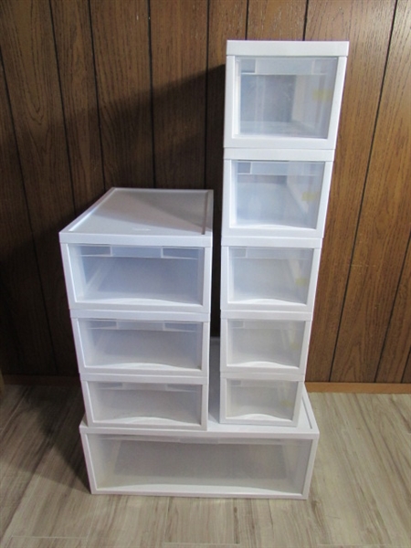 9 STERILITE PLASTIC STORAGE DRAWERS