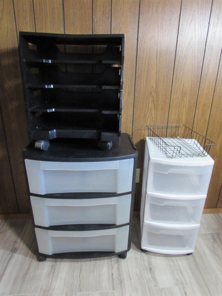 2 PLASTIC 3-DRAWER STERILITE STORAGE UNITS & FLAT FILE ORGANIZER