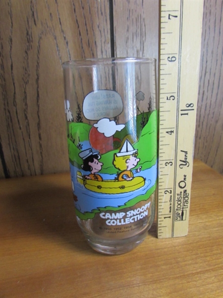 VINTAGE CHARLIE BROWN SOFT BODY DOLL & CAMP SNOOPY GLASS - MCDONALD'S