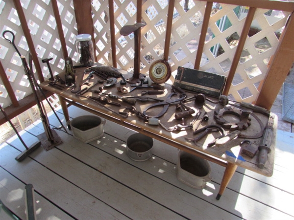 VINTAGE WOODEN COFFEE TABLE W/OLD RUSTIC METAL ITEMS