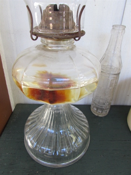 PAIR OF VINTAGE OIL LAMPS, STONEWARE POT & OLD BOTTLES