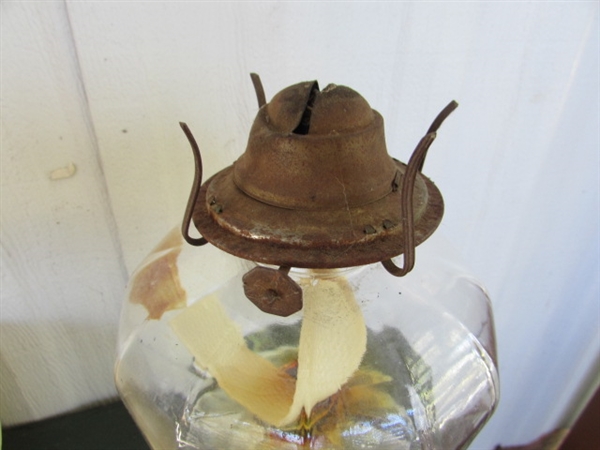 PAIR OF VINTAGE OIL LAMPS, STONEWARE POT & OLD BOTTLES