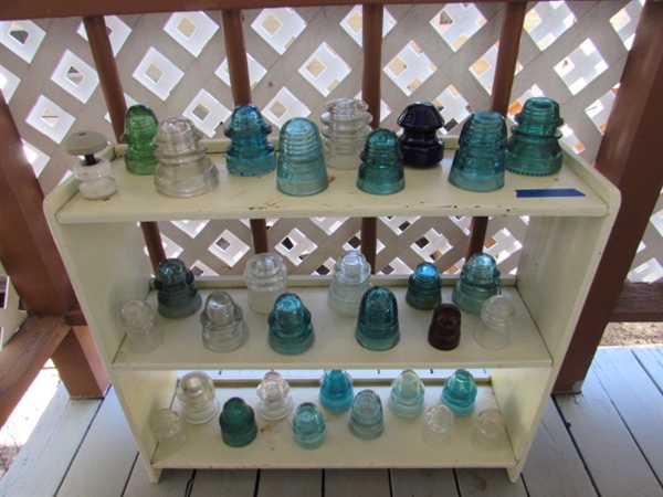 LARGE COLLECTION OF GLASS & CERAMIC INSULATORS - SHELF NOT INCLUDED