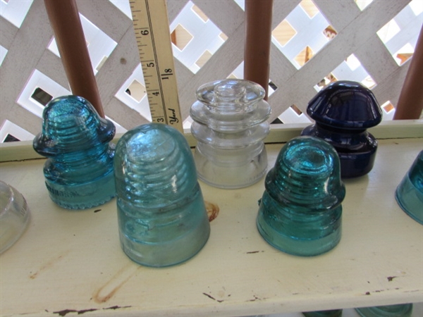 LARGE COLLECTION OF GLASS & CERAMIC INSULATORS - SHELF NOT INCLUDED