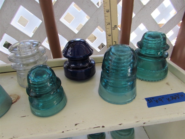 LARGE COLLECTION OF GLASS & CERAMIC INSULATORS - SHELF NOT INCLUDED