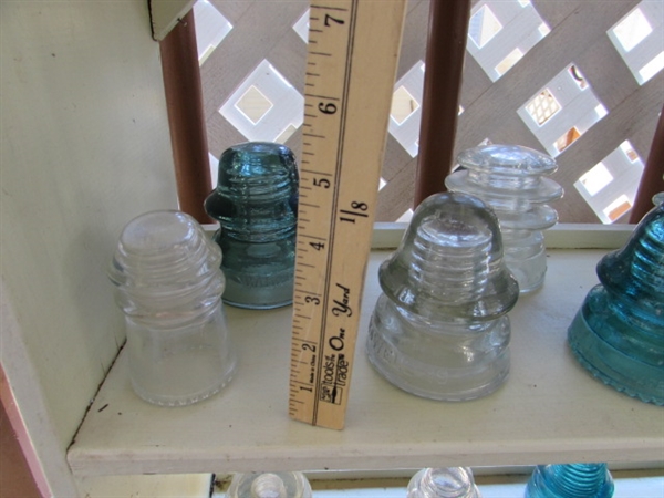 LARGE COLLECTION OF GLASS & CERAMIC INSULATORS - SHELF NOT INCLUDED