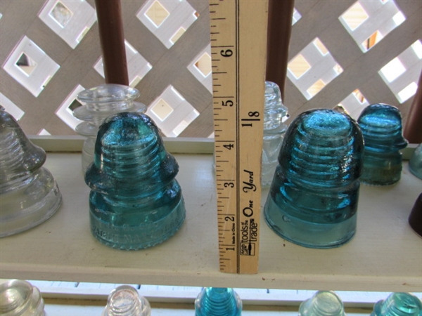 LARGE COLLECTION OF GLASS & CERAMIC INSULATORS - SHELF NOT INCLUDED