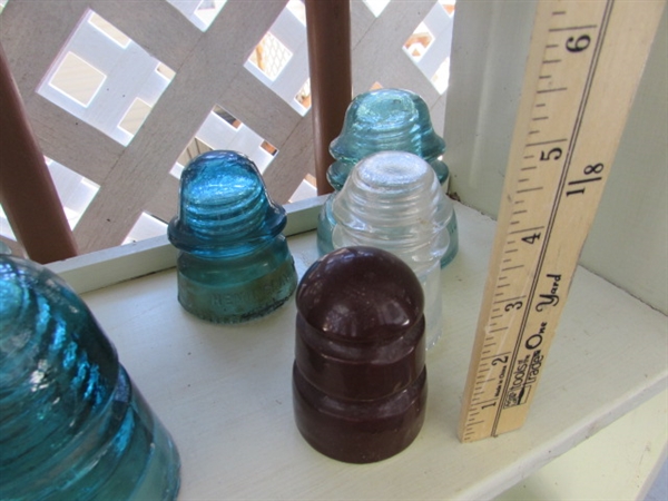 LARGE COLLECTION OF GLASS & CERAMIC INSULATORS - SHELF NOT INCLUDED