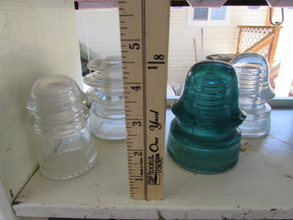 LARGE COLLECTION OF GLASS & CERAMIC INSULATORS - SHELF NOT INCLUDED