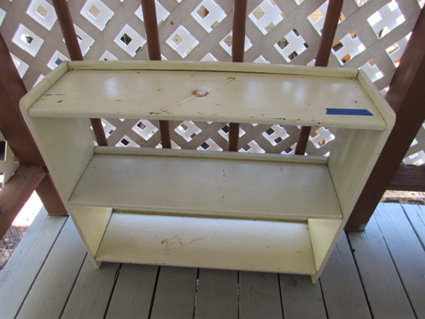 2 PAINTED WOODEN SHELVING UNITS & STEP STOOL