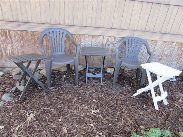 PLASTIC LAWN CHAIRS & 3 FOLDING TABLES