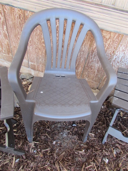 PLASTIC LAWN CHAIRS & 3 FOLDING TABLES