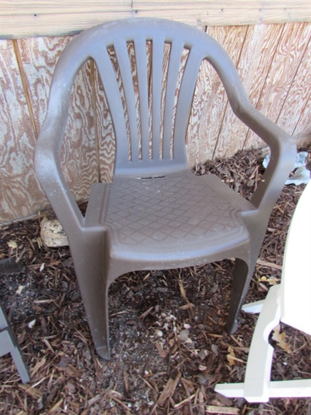 PLASTIC LAWN CHAIRS & 3 FOLDING TABLES