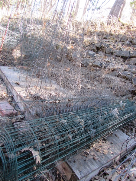 LOTS OF WIRE PLANT CAGES, TOMATO CAGES, CHICKEN WIRE & MORE