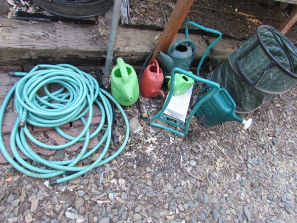 WATERING CANS, COLLAPSIBLE LEAF BIN, KNEELING PLATFORM & HOSE