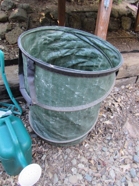 WATERING CANS, COLLAPSIBLE LEAF BIN, KNEELING PLATFORM & HOSE