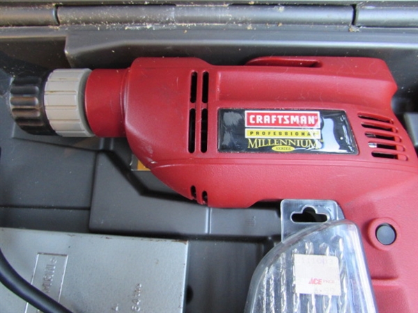 ELECTRIC CRAFTSMAN MILLENNIUM DRILL W/ CASE & DRILL BITS