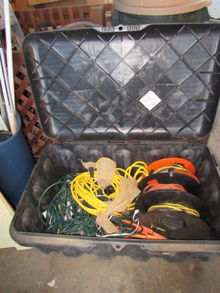 LARGE STORAGE TOTE FULL OF EXTENSION CORDS