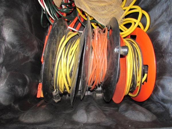 LARGE STORAGE TOTE FULL OF EXTENSION CORDS