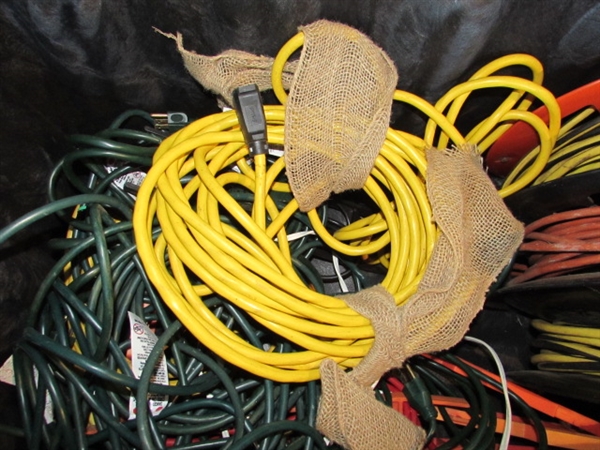 LARGE STORAGE TOTE FULL OF EXTENSION CORDS