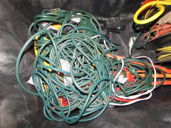 LARGE STORAGE TOTE FULL OF EXTENSION CORDS