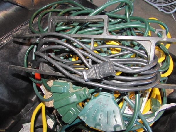 LARGE STORAGE TOTE FULL OF EXTENSION CORDS