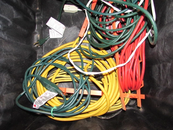 LARGE STORAGE TOTE FULL OF EXTENSION CORDS