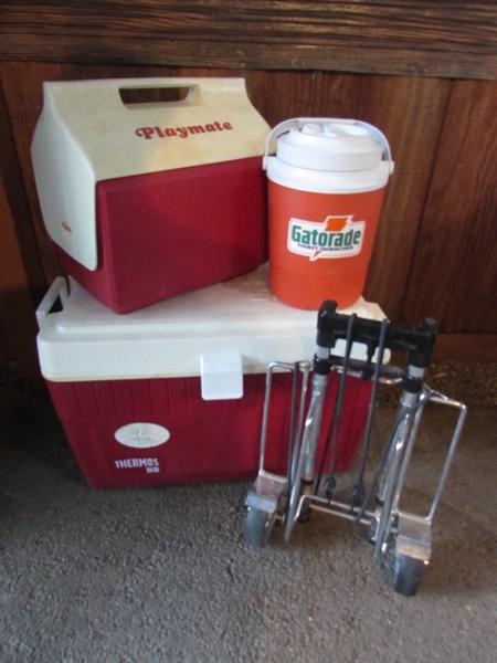 LARGE PLAYMATE COOLER, ICE CHEST, INSULATED DRINK DISPENSER & KART-A-BAG