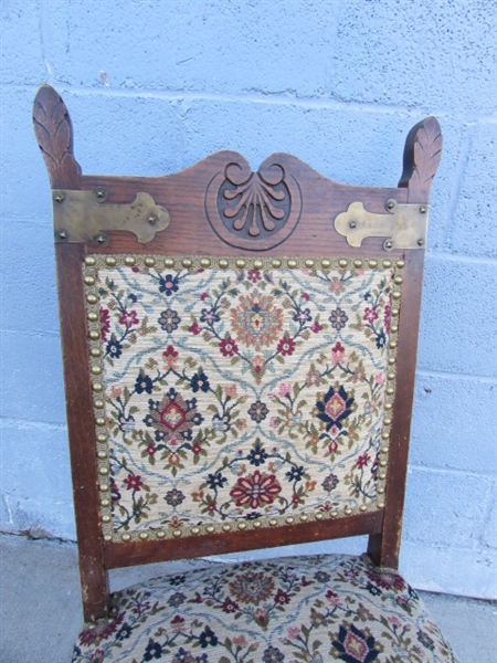 ANTIQUE OAK CHAIR W/UPHOLSTERED SEAT & BACK