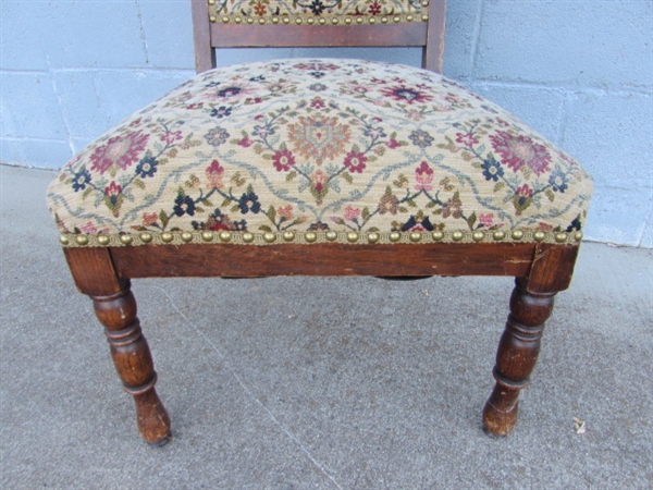 ANTIQUE OAK CHAIR W/UPHOLSTERED SEAT & BACK