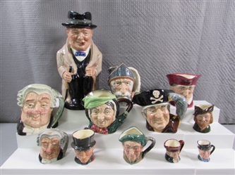 11 VTG ROYAL DOULTON TOBY CHARACTER MUGS & 1 WINSTON CHURCHILL JUG