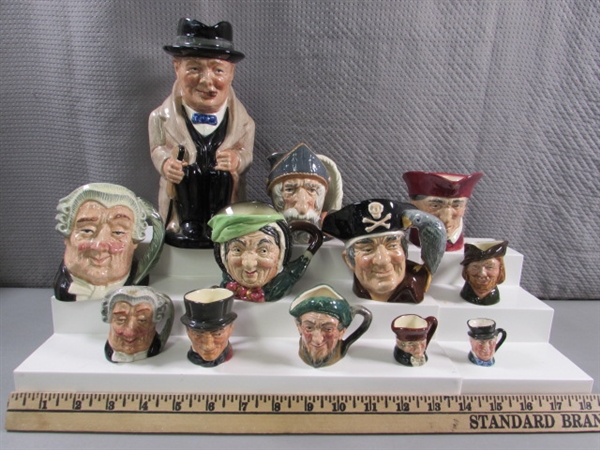 11 VTG ROYAL DOULTON TOBY CHARACTER MUGS & 1 WINSTON CHURCHILL JUG