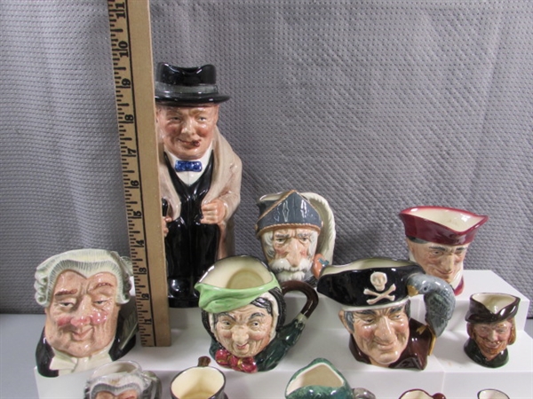 11 VTG ROYAL DOULTON TOBY CHARACTER MUGS & 1 WINSTON CHURCHILL JUG