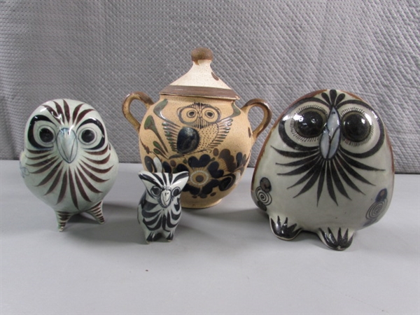 OWL FIGURINES & LIDDED JAR FROM MEXICO