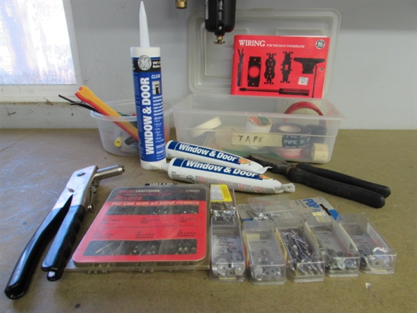 POP RIVETS, POP RIVET GUN, ASSORTED ELECTRICAL ITEMS & MORE