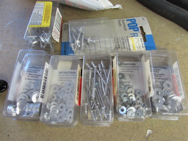 POP RIVETS, POP RIVET GUN, ASSORTED ELECTRICAL ITEMS & MORE