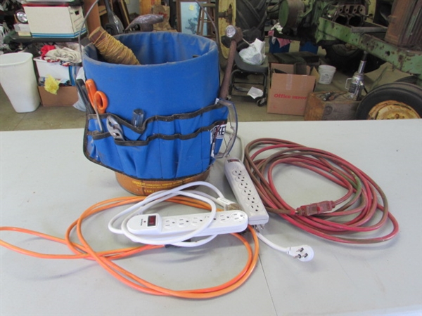 5-GALLON BUCKET W/BUDDY, EXTENSION CORDS & ASSORTED TOOLS